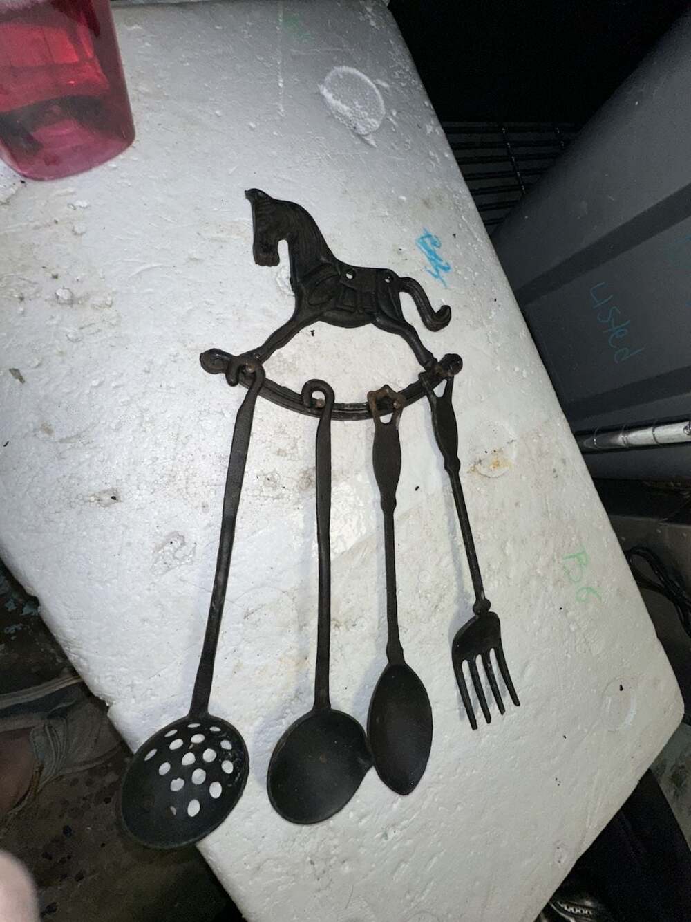 Vintage Cast Iron Rocking Horse Wall Mount Kitchen Utensil Holder Set